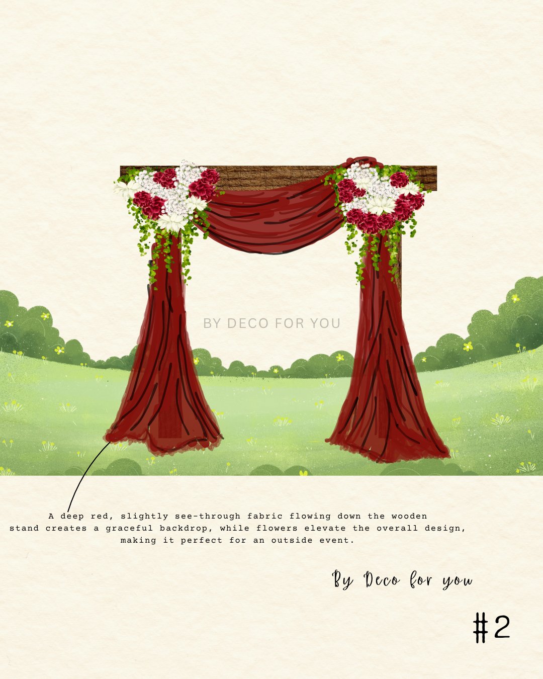 Deep red draped wedding arch concept design